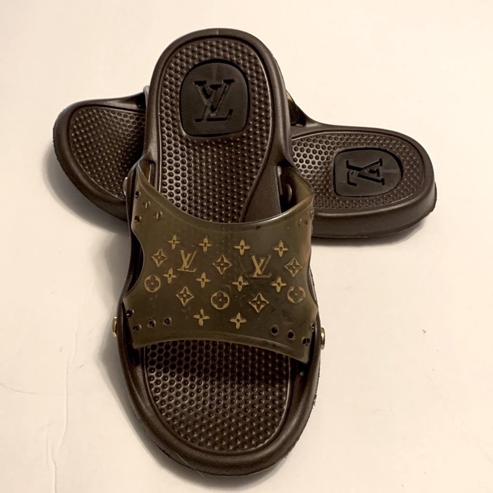 AUTHENTIC LOUIS VUITTON SLIDES SANDALS SHOES BROWN SIZE 8 - preowned